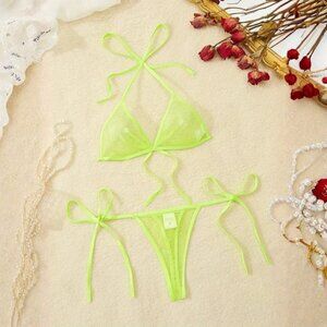 NWT Neon Green Sheer Mesh Extreme Micro Triangle Top & Thong G-String Swimsuit